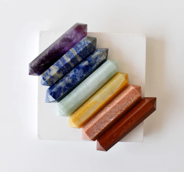 Chakra Crystals Points Set, 7 Chakra Stones Point Set with Wooden Grid Plate