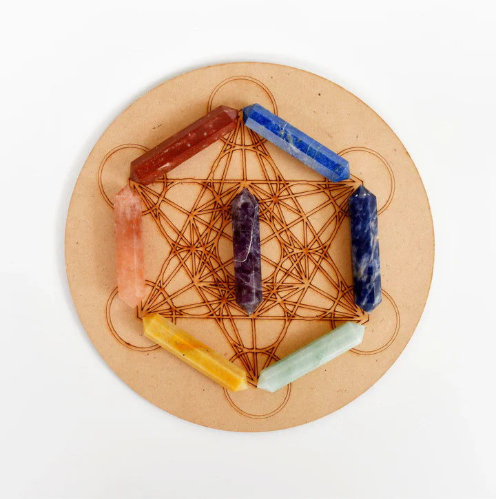 Chakra Crystals Points Set, 7 Chakra Stones Point Set with Wooden Grid Plate